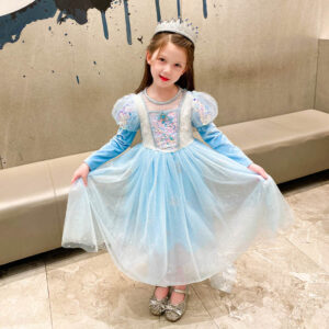 Đầm váy công chúa Elsa cho bé gái màu xanh tay dài - kèm tà dài